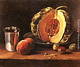Table Wall Art - Still life with a Pumpkin, Peaches and a Silver Goblet on a Table Top